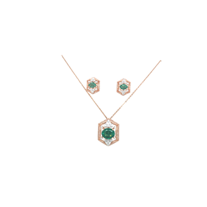 Geometric Diamond Necklace Set with Emerald-Tone Stone