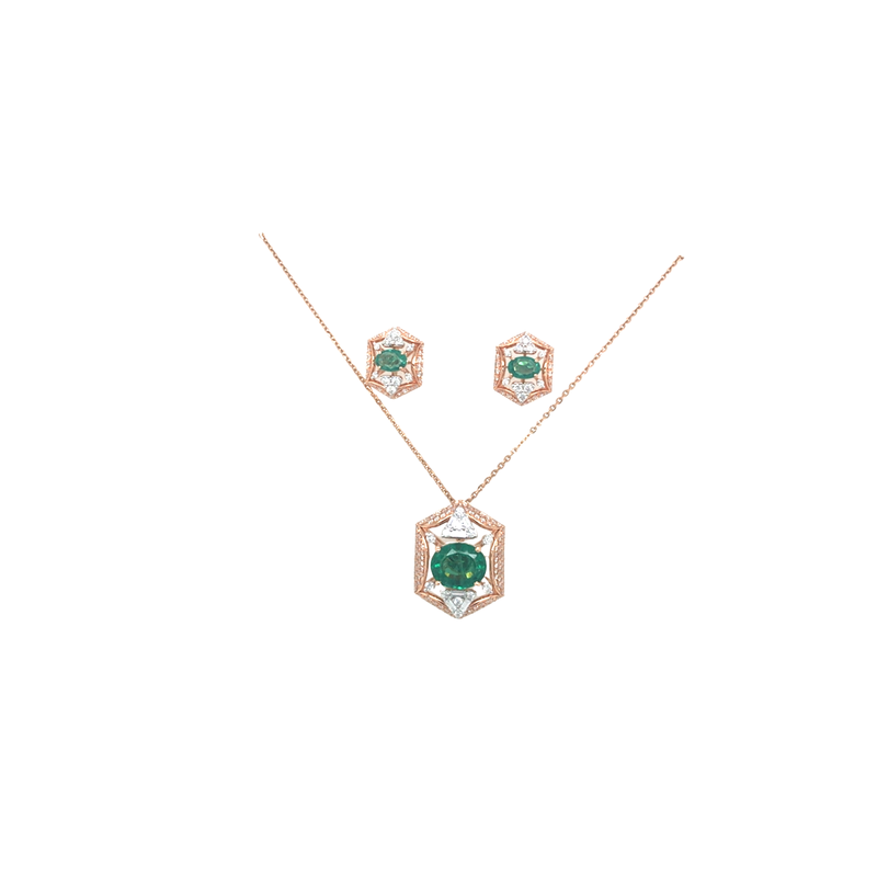 Geometric Diamond Necklace Set with Emerald-Tone Stone
