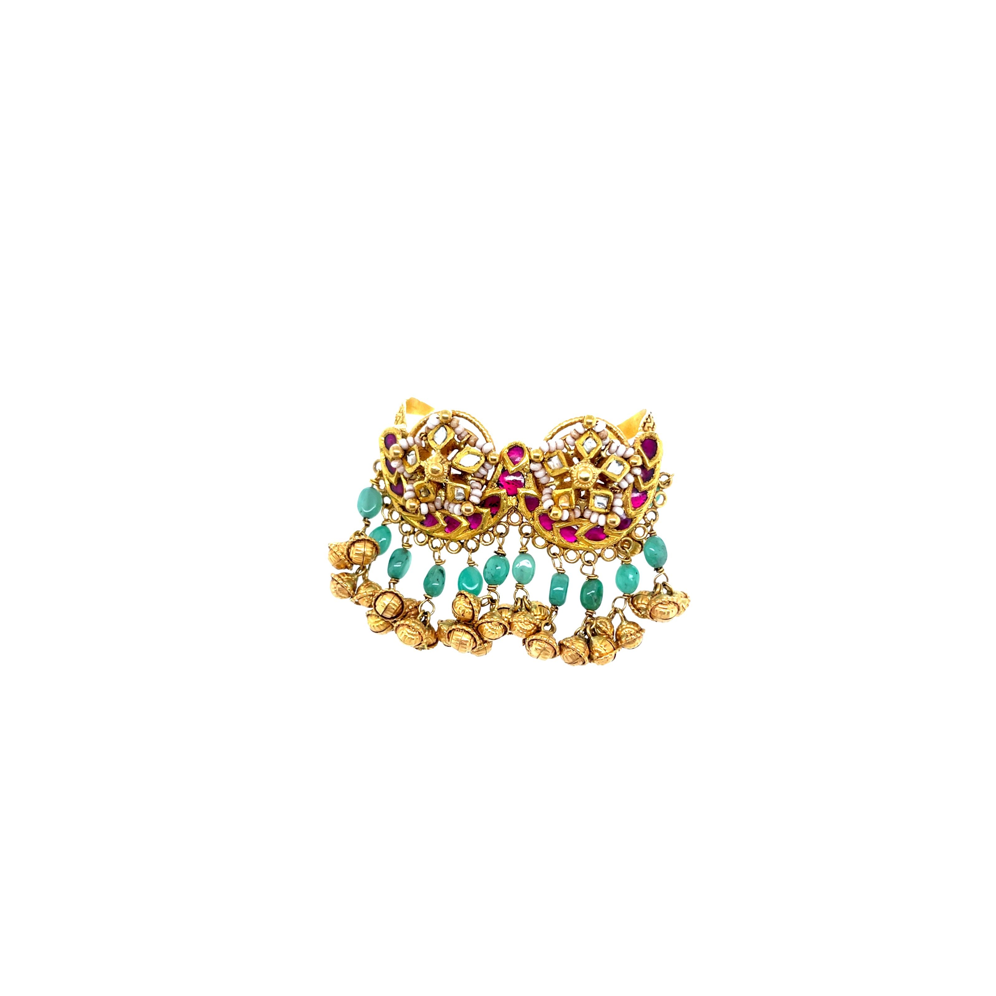 22KT South Indian Two-Finger Ring  Ruby Kundan & Ghungroo