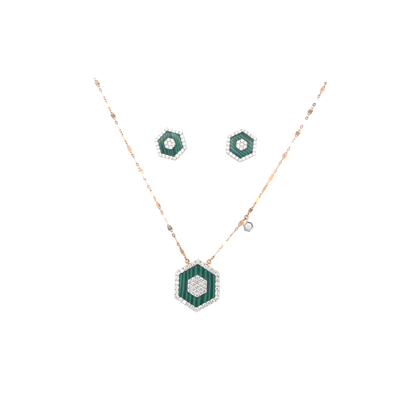 Diamond necklace set with green stone and matching earrings