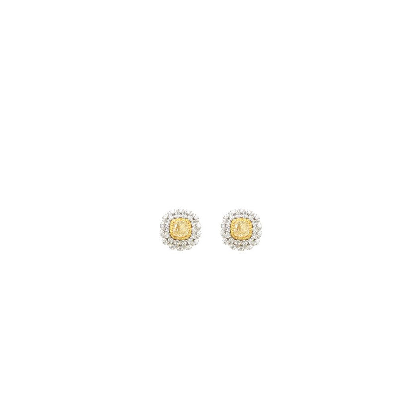 Yellow & White Diamond Halo Stud Earrings