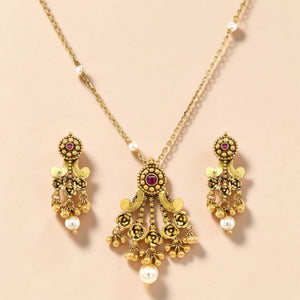 Antique Gold Necklace Set with Pearl Drops | Traditional Nakshi Pendant & Earrings