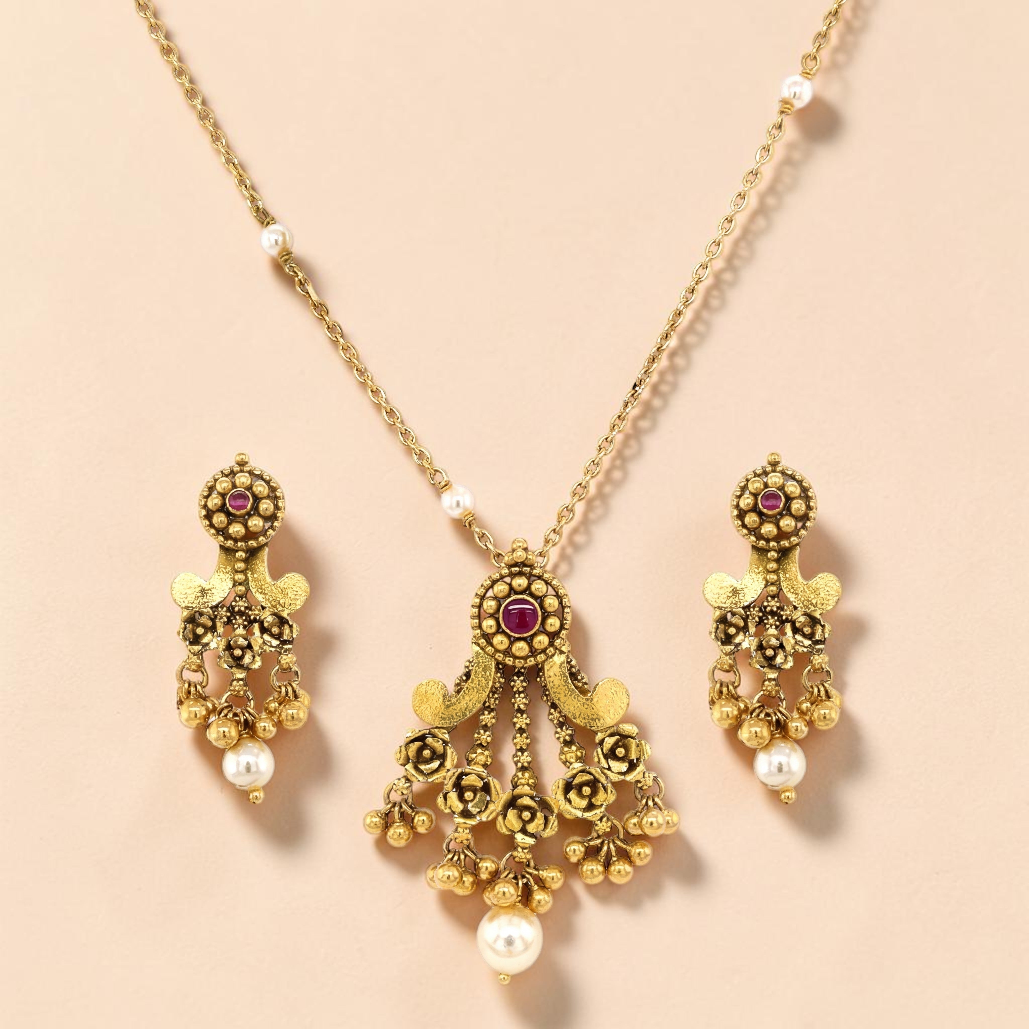 Antique Gold Necklace Set with Pearl Drops | Traditional Nakshi Pendant & Earrings