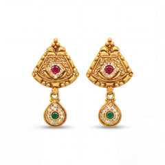 Elegant 22KT yellow gold antique earrings featuring ruby center stones, emerald drop motifs, and intricate traditional detailing on a white background.