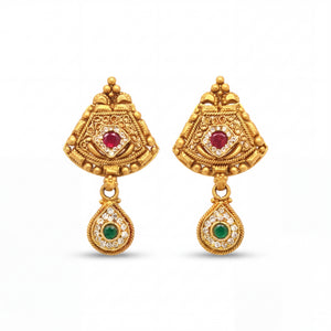 Elegant 22KT yellow gold antique earrings featuring ruby center stones, emerald drop motifs, and intricate traditional detailing on a white background.