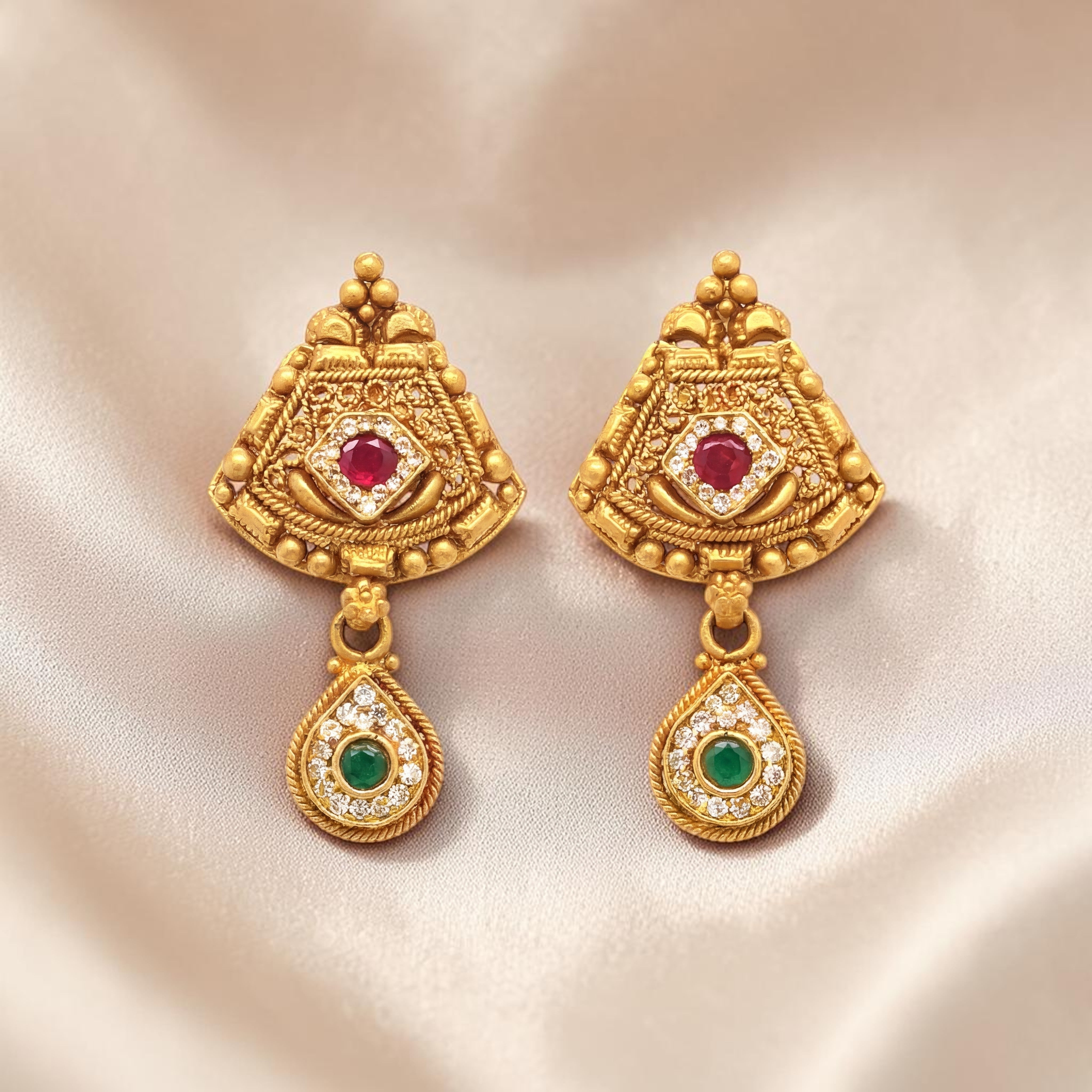 Traditional Gold Drop Earrings with Red & Green Stones