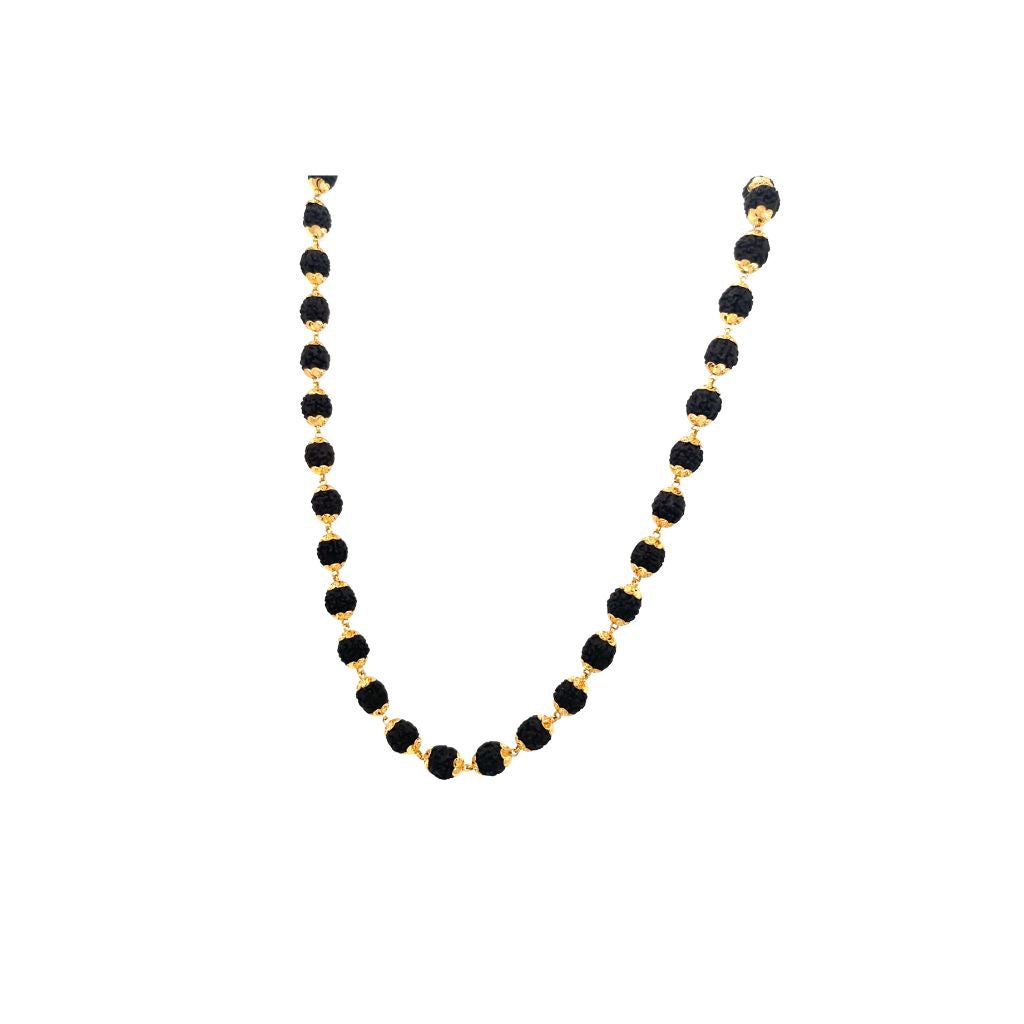 Traditional gold designer mala featuring natural Rudraksha beads paired with decorative gold bead spacers on a white background.