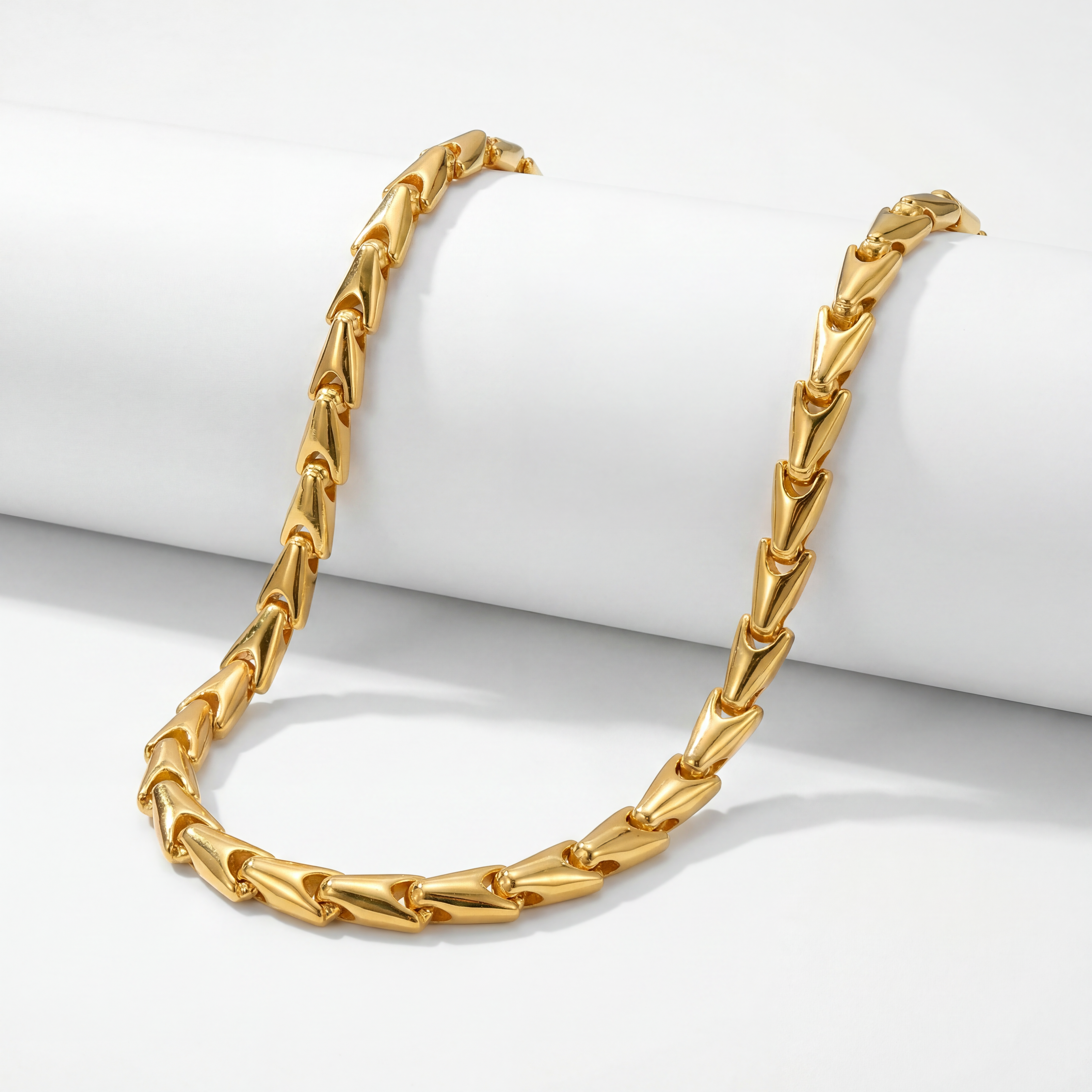22KT BIS Hallmarked gold chevron link chain featuring sleek V-shaped interlocking links with a high-polish yellow gold finish. A bold contemporary designer gold chain for men, ideal for everyday wear, festive occasions, and gifting from Pachchigar Jewellers.
