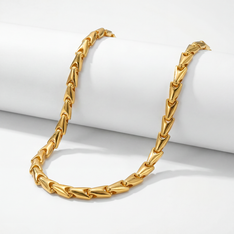 22KT BIS Hallmarked gold chevron link chain featuring sleek V-shaped interlocking links with a high-polish yellow gold finish. A bold contemporary designer gold chain for men, ideal for everyday wear, festive occasions, and gifting from Pachchigar Jewellers.