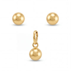 Minimalist 22KT yellow gold pendant set featuring polished gold ball pendant with matching round stud earrings on a white background.