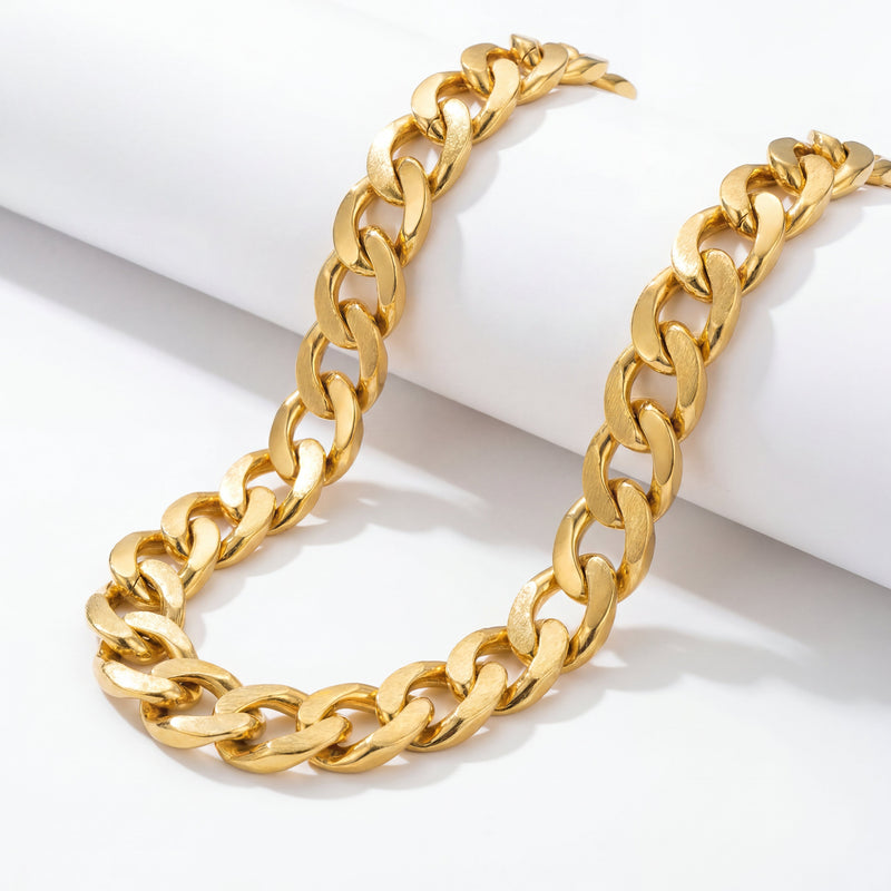 22KT BIS Hallmarked gold Cuban link chain featuring broad matte-finish interlocking links with polished edges. A bold, premium yellow gold chain ideal for men, perfect for daily wear, festive occasions, and gifting from Pachchigar Jewellers.