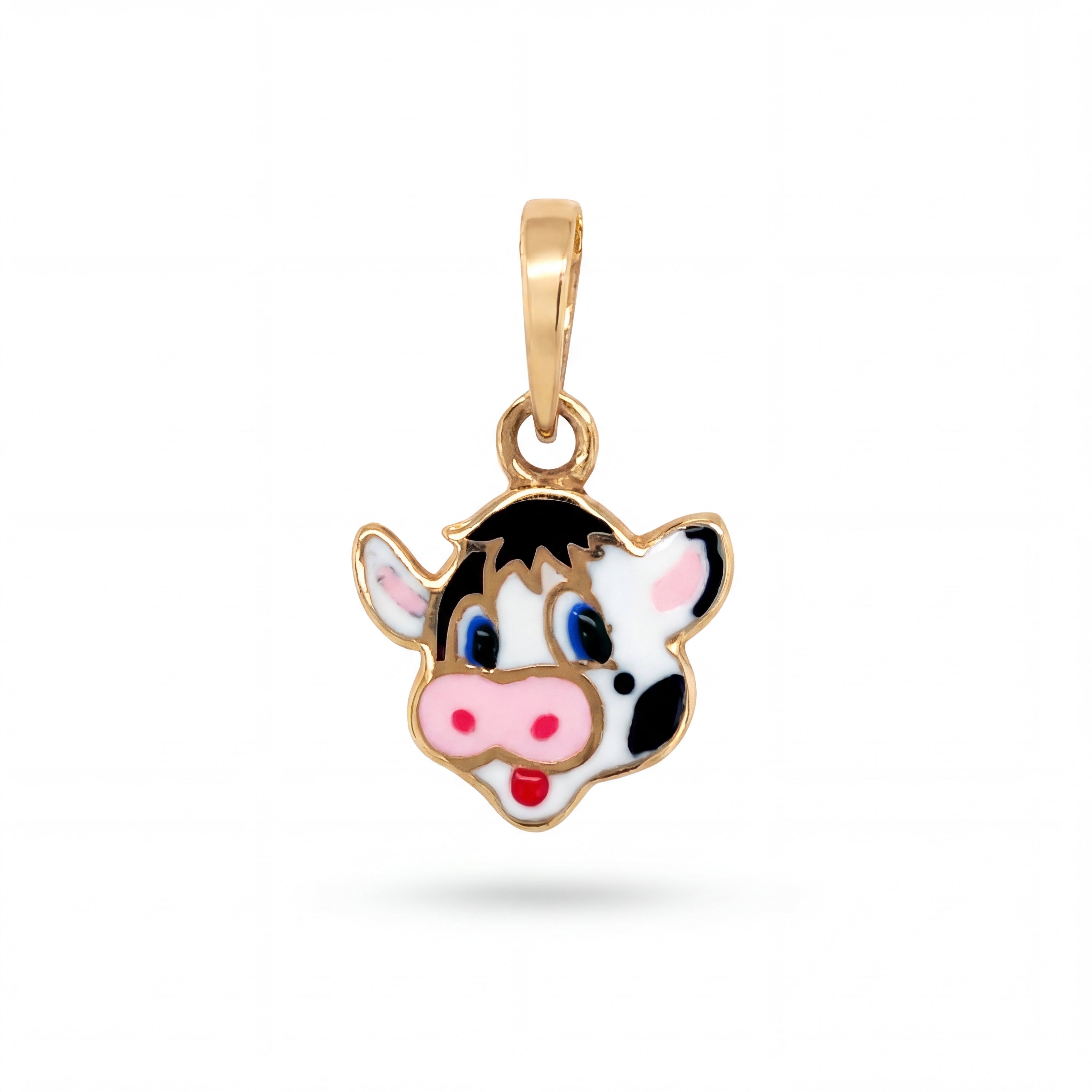 Adorable 22KT yellow gold pendant featuring a playful cow face design with colorful enamel detailing on a white background.