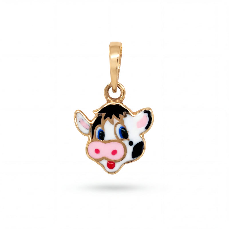 Adorable 22KT yellow gold pendant featuring a playful cow face design with colorful enamel detailing on a white background.