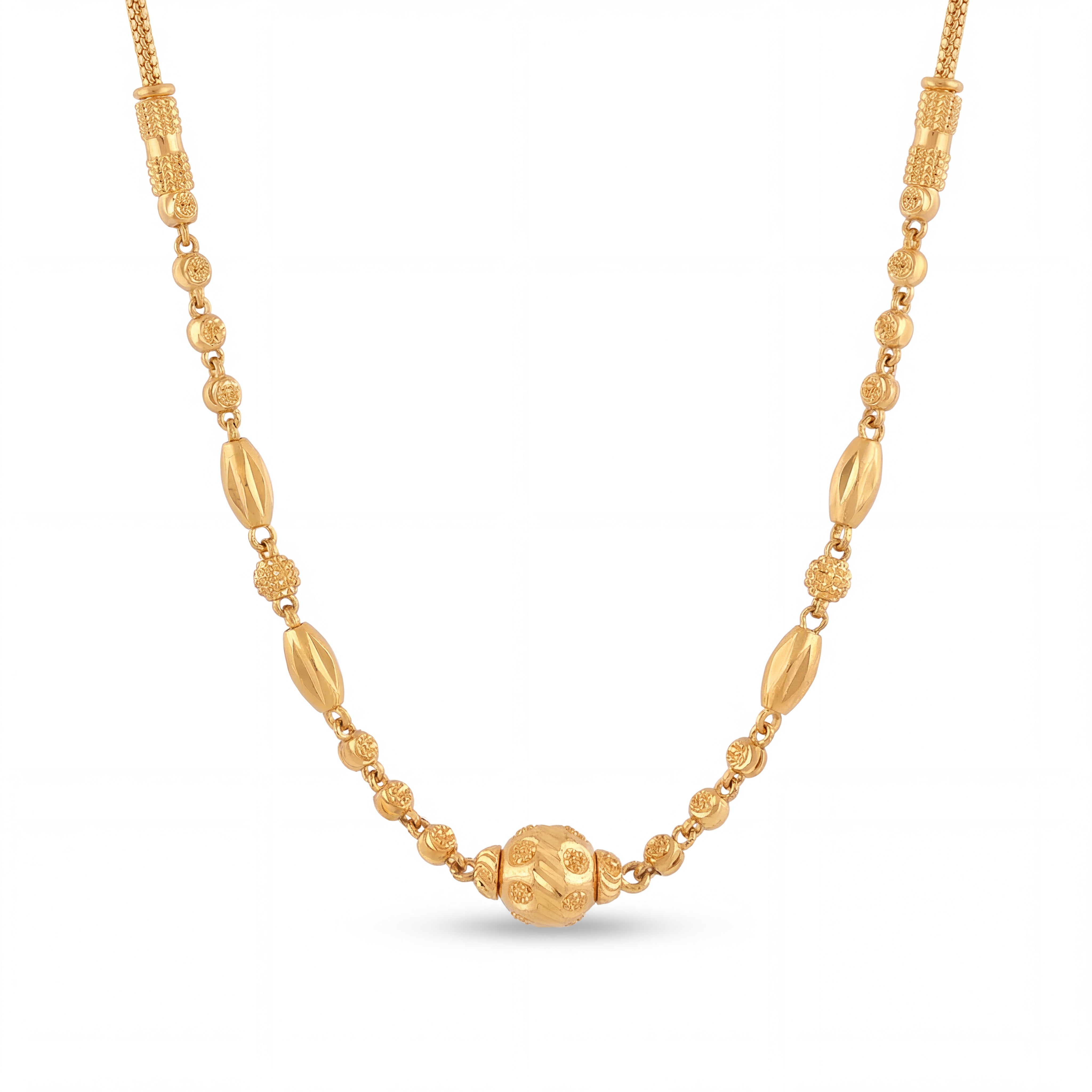 Elegant 22KT yellow gold necklace featuring textured beads, elongated oval accents, and a decorative center bead on a white background.
