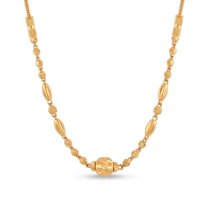 Elegant 22KT yellow gold necklace featuring textured beads, elongated oval accents, and a decorative center bead on a white background.