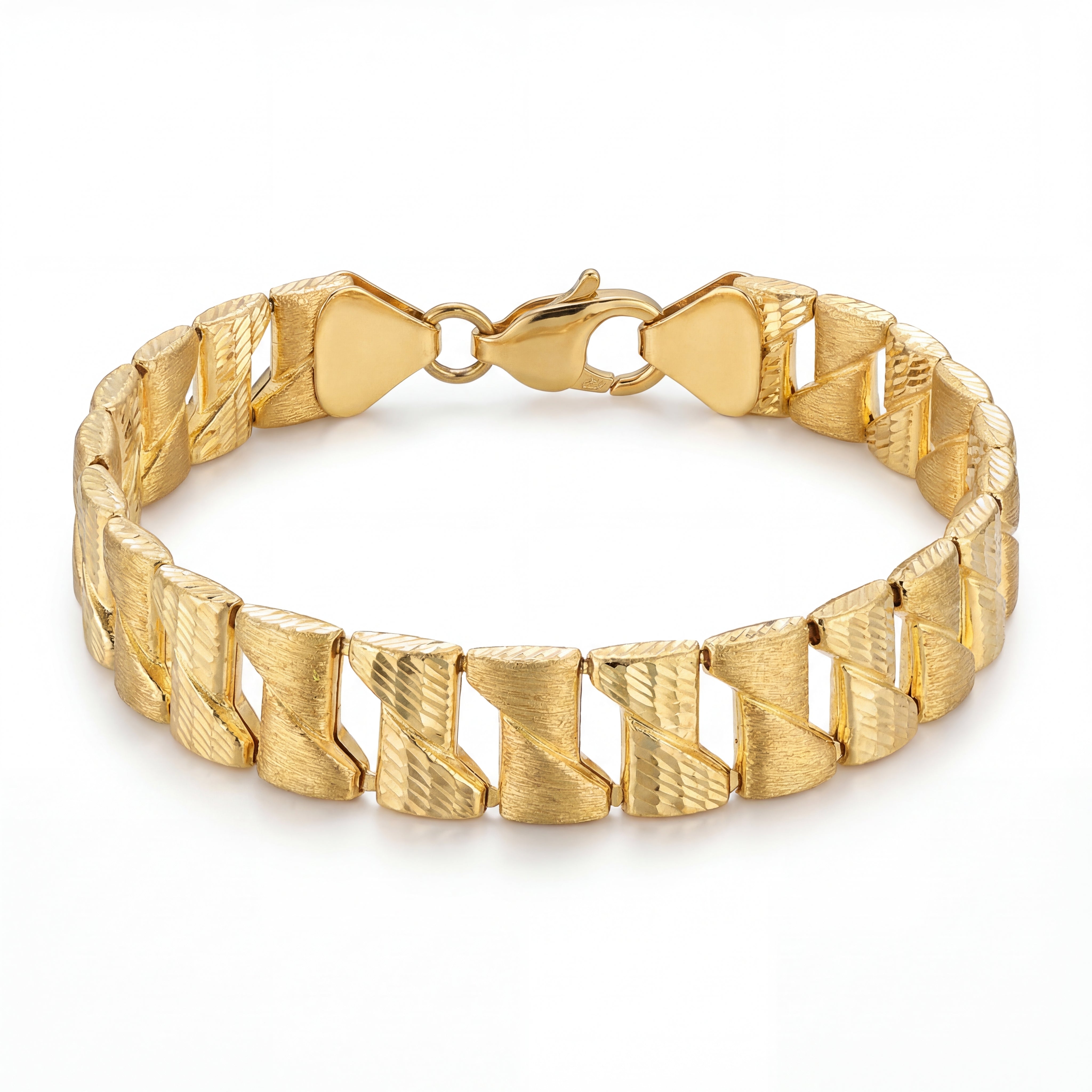 Bold 22KT gold bracelet featuring textured geometric links with polished accents on a white background.