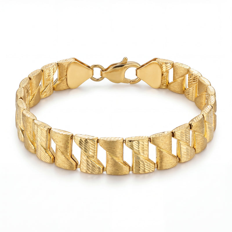 Bold 22KT gold bracelet featuring textured geometric links with polished accents on a white background.