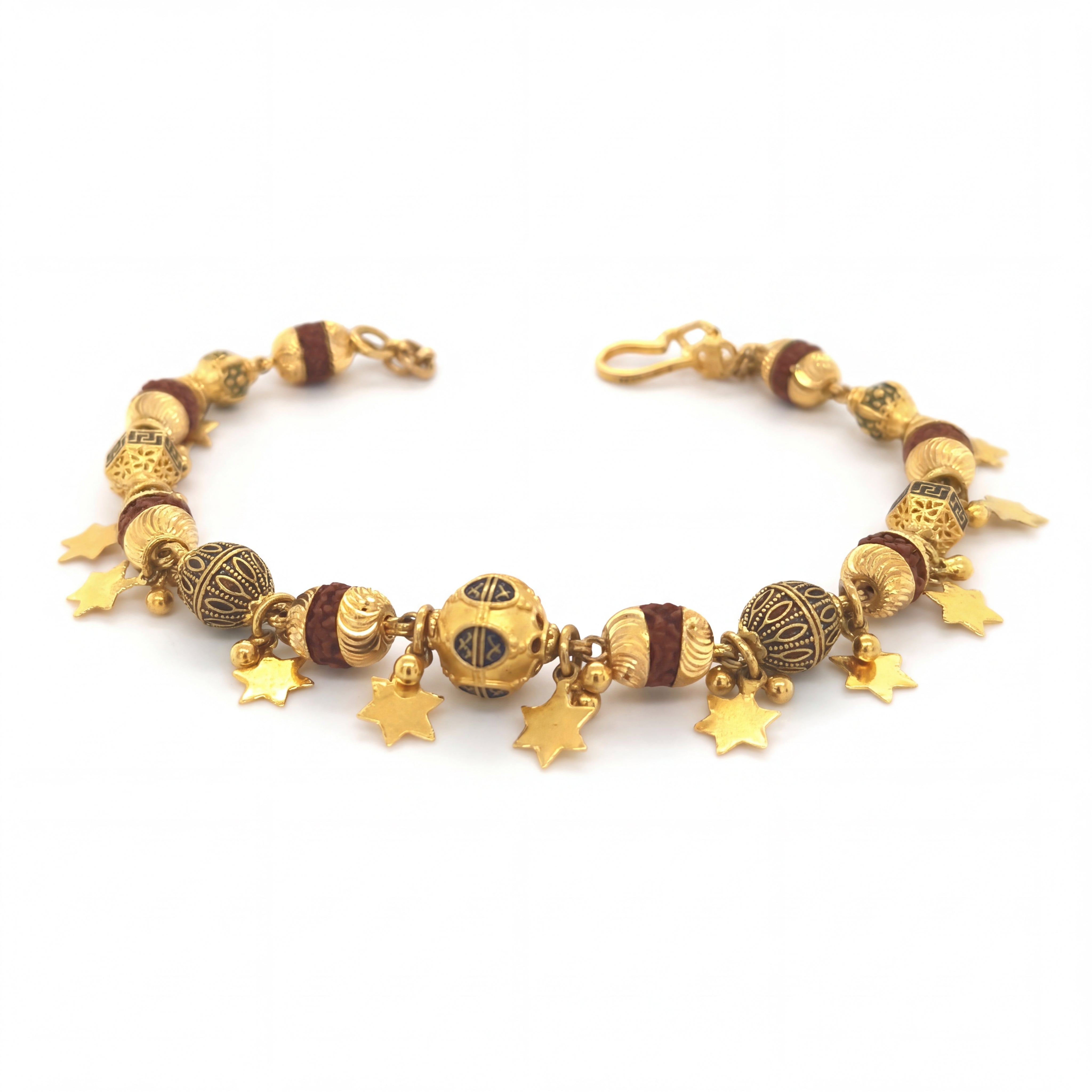 Stylish 22KT yellow gold bracelet featuring textured designer beads, decorative accents, and dangling star charms on a white background.