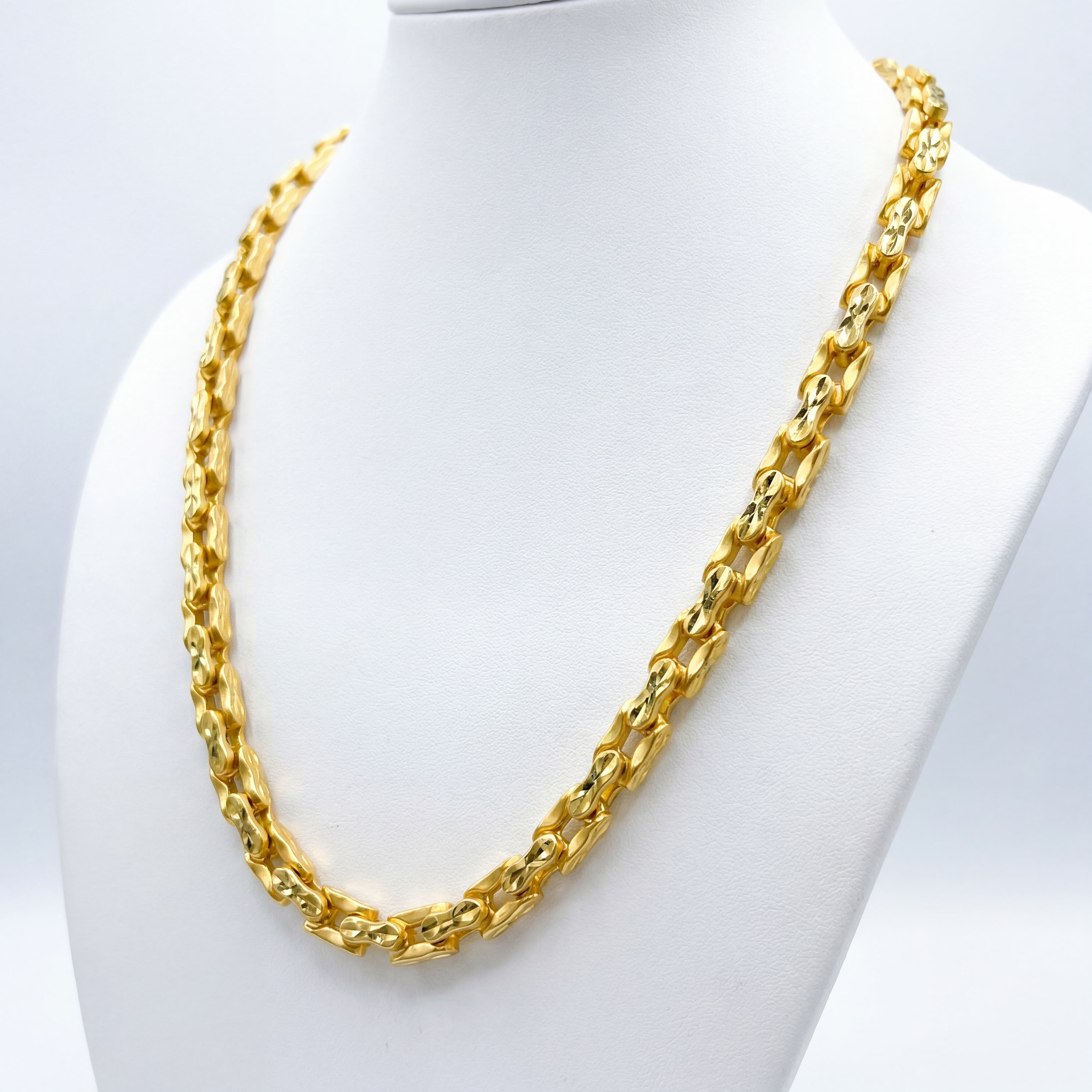 22KT BIS Hallmarked gold designer hollow link chain with a premium textured finish, featuring a bold handcrafted pattern in a glossy yellow gold finish for men and women. Elegant daily wear and festive gold necklace by Pachchigar Jewellers.