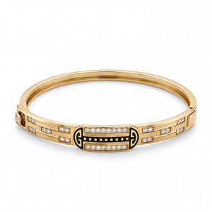 Elegant 22KT gold kada bracelet featuring black enamel centerpiece with sparkling diamond accents on a white background.