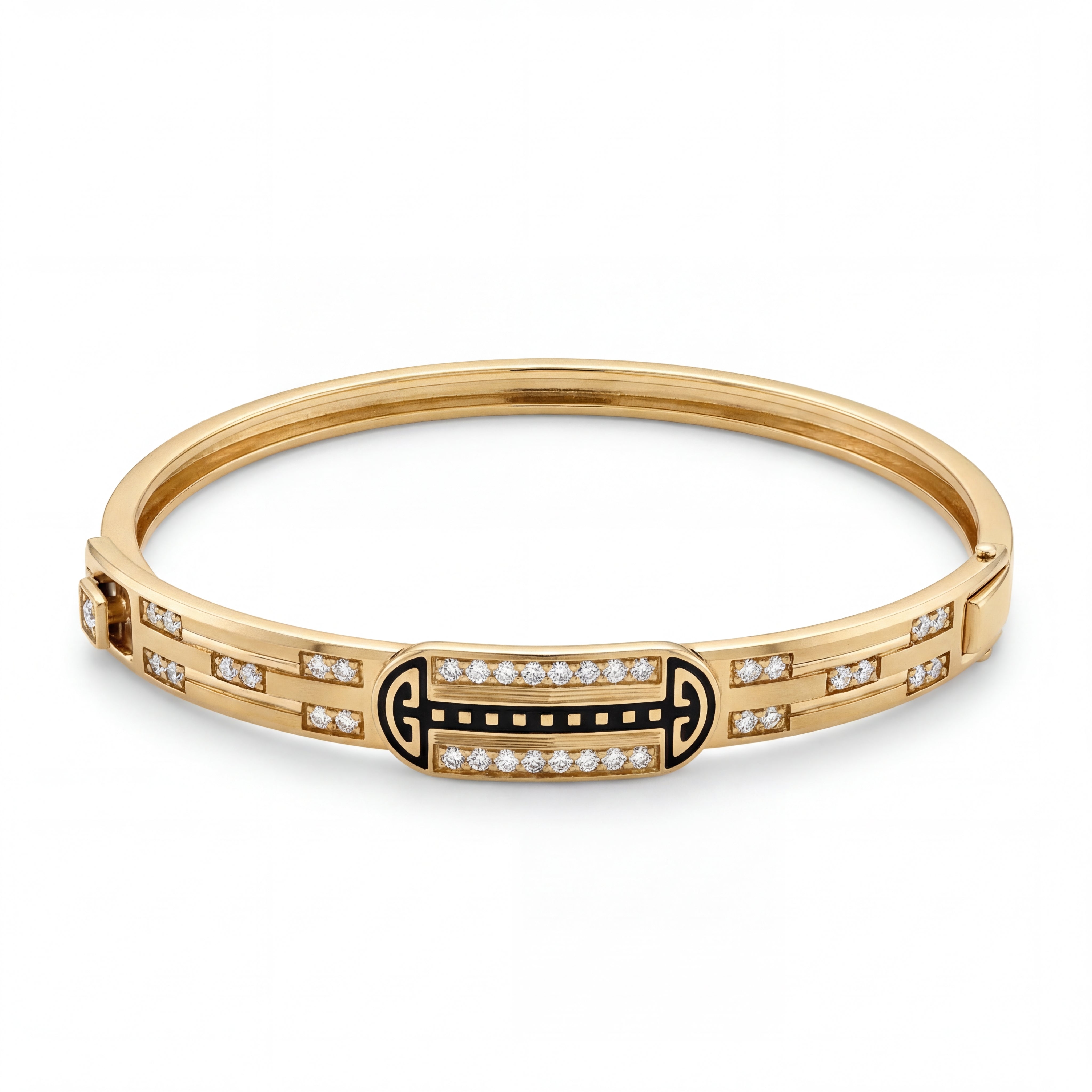 Elegant 22KT gold kada bracelet featuring black enamel centerpiece with sparkling diamond accents on a white background.