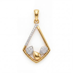 Elegant 22KT yellow gold pendant with geometric open-frame design, diamond-studded edges, and floral pear-shaped diamond motifs on a white background.