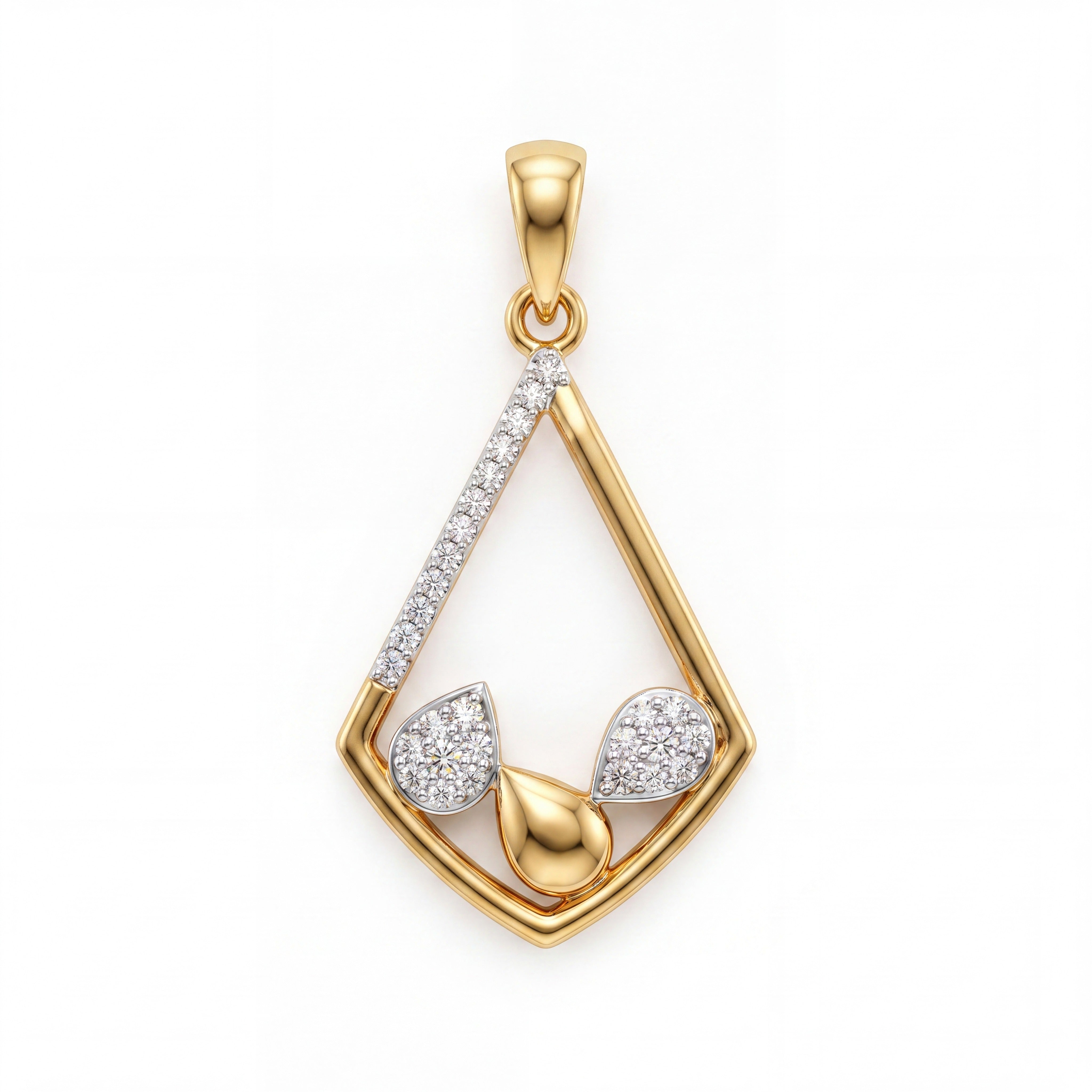 Elegant 22KT yellow gold pendant with geometric open-frame design, diamond-studded edges, and floral pear-shaped diamond motifs on a white background.