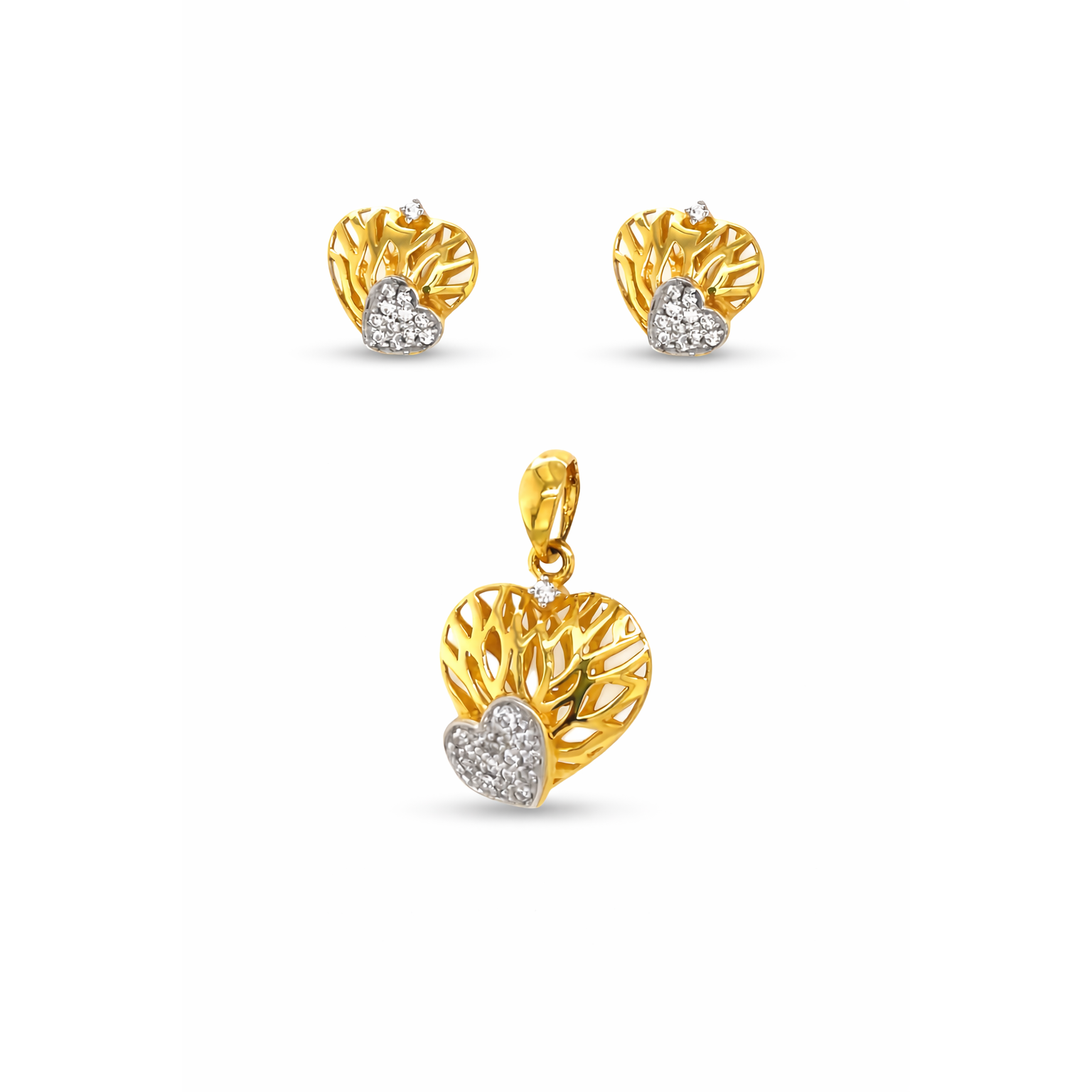 Elegant 22KT yellow gold pendant set featuring openwork heart design with diamond heart accents and matching stud earrings on a white background.