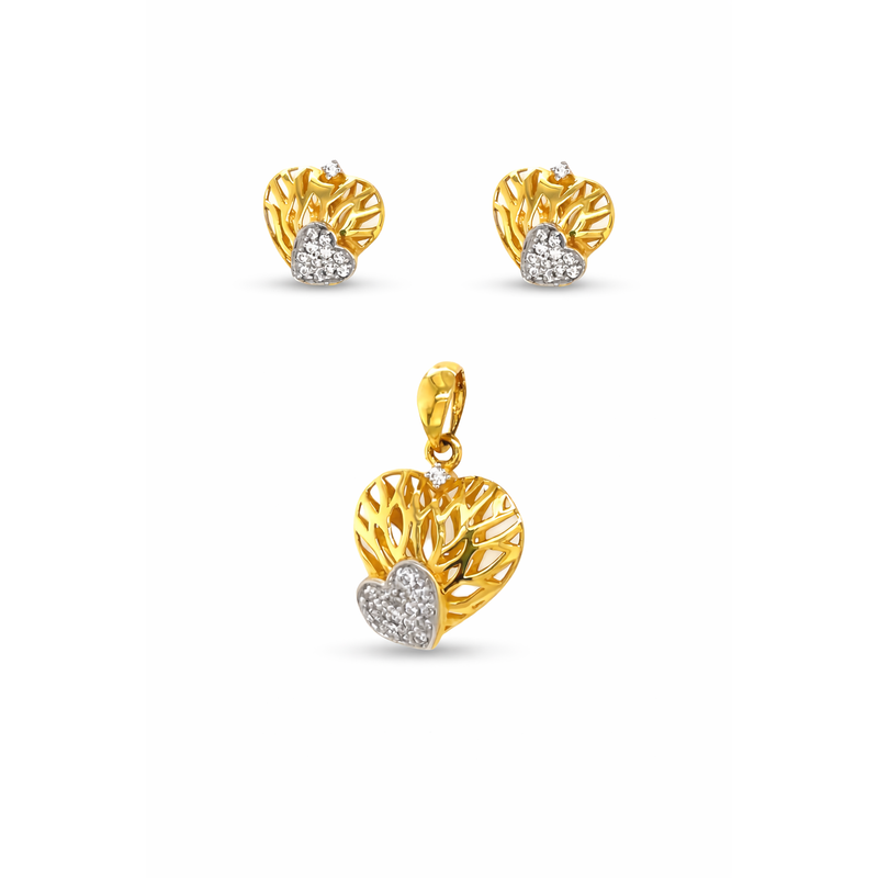 Elegant 22KT yellow gold pendant set featuring openwork heart design with diamond heart accents and matching stud earrings on a white background.