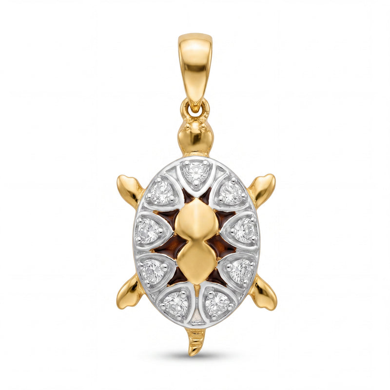 Charming 22KT yellow gold pendant featuring a turtle design with diamond-studded shell detailing and polished gold accents on a white background.