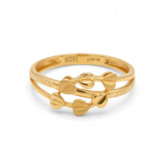 Elegant 22KT yellow gold ring featuring a double band design with polished heart motifs and sleek open style on a white background.