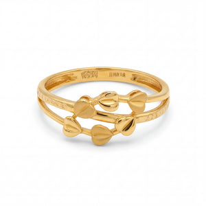 Elegant 22KT yellow gold ring featuring a double band design with polished heart motifs and sleek open style on a white background.