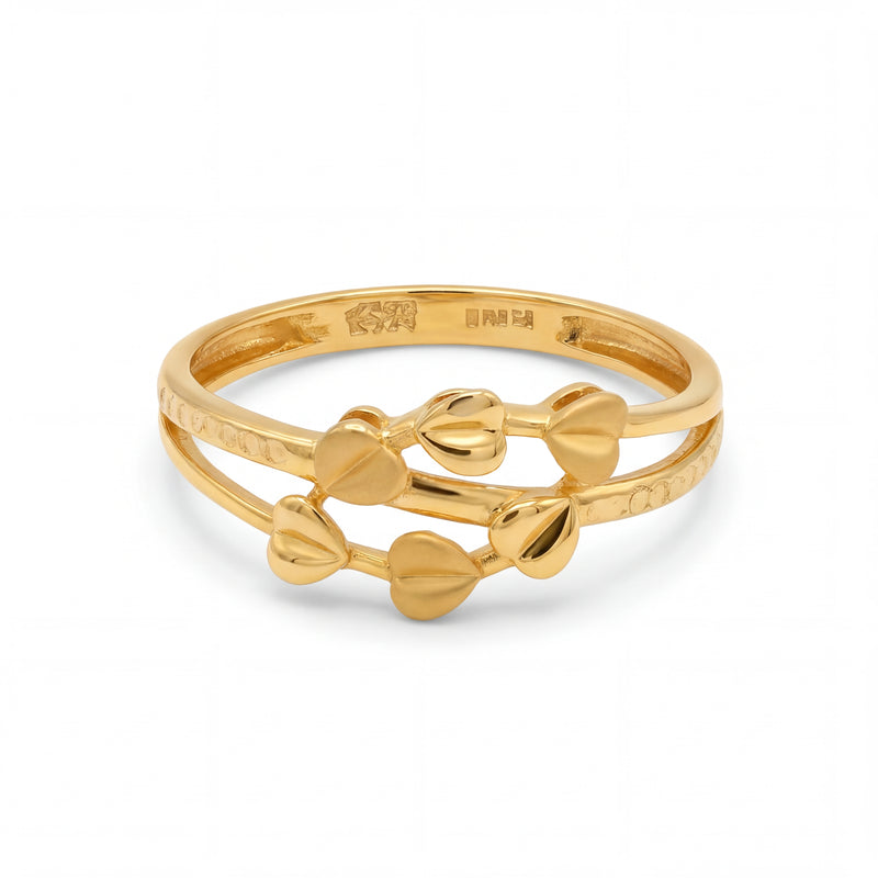 Elegant 22KT yellow gold ring featuring a double band design with polished heart motifs and sleek open style on a white background.