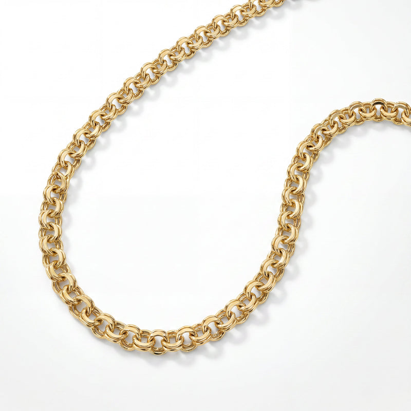 22KT BIS Hallmarked gold double cable link chain featuring polished interlocking round links with a timeless handcrafted design. A durable and elegant yellow gold chain suitable for men and women, ideal for daily wear, festive occasions, and gifting from Pachchigar Jewellers.