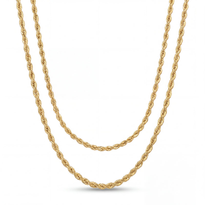 Elegant 22KT yellow gold double layer necklace featuring twisted rope chain design with polished finish on a white background.