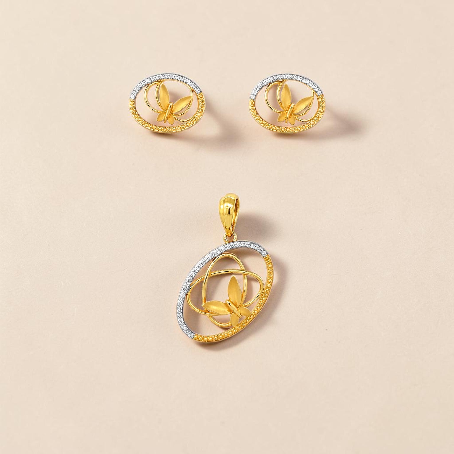 22K Gold Modern Circle Pendant Set with CZ Stones