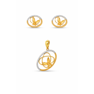 Elegant 22KT yellow gold pendant set featuring oval two-tone frames with floral motif centerpiece and matching stud earrings on a white background.