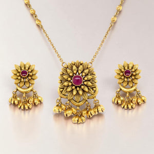 Antique Gold Floral Necklace Set with Ruby Stone