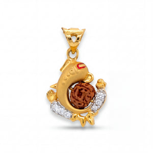 Divine 22KT yellow gold pendant featuring Lord Ganesh-inspired design with natural Rudraksha bead centerpiece and sparkling diamond accents on a white background.