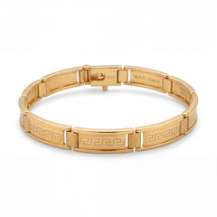 Elegant 22KT gold bracelet featuring rectangular links engraved with Greek key pattern on a white background.