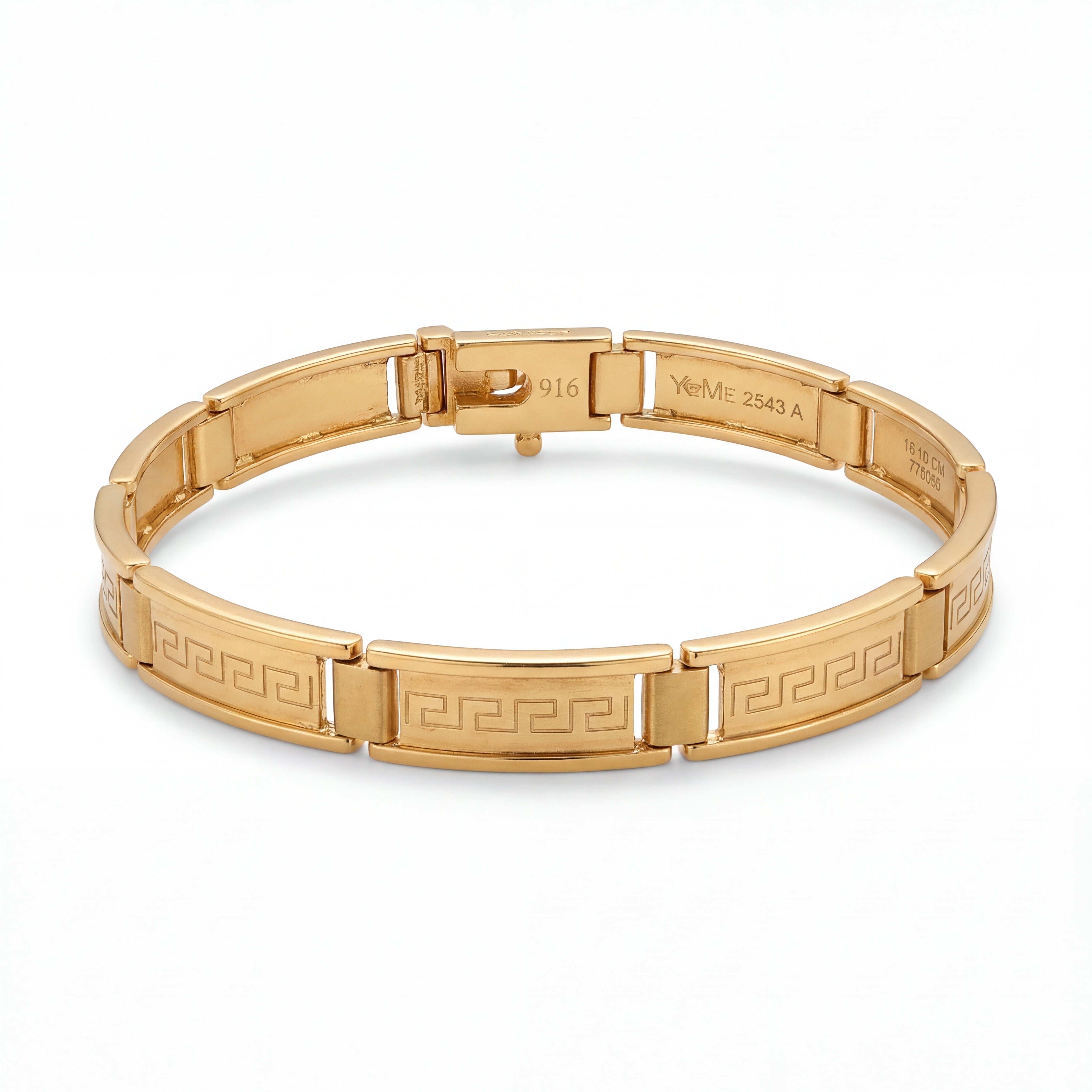 Elegant 22KT gold bracelet featuring rectangular links engraved with Greek key pattern on a white background.