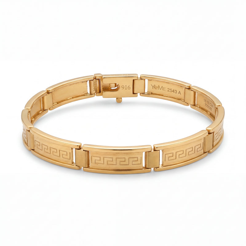 Elegant 22KT gold bracelet featuring rectangular links engraved with Greek key pattern on a white background.
