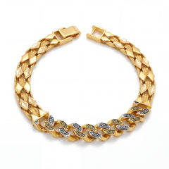 Bold 22KT gold bracelet featuring diamond-cut links with Greek key pattern accents in dual tone finish on a white background.