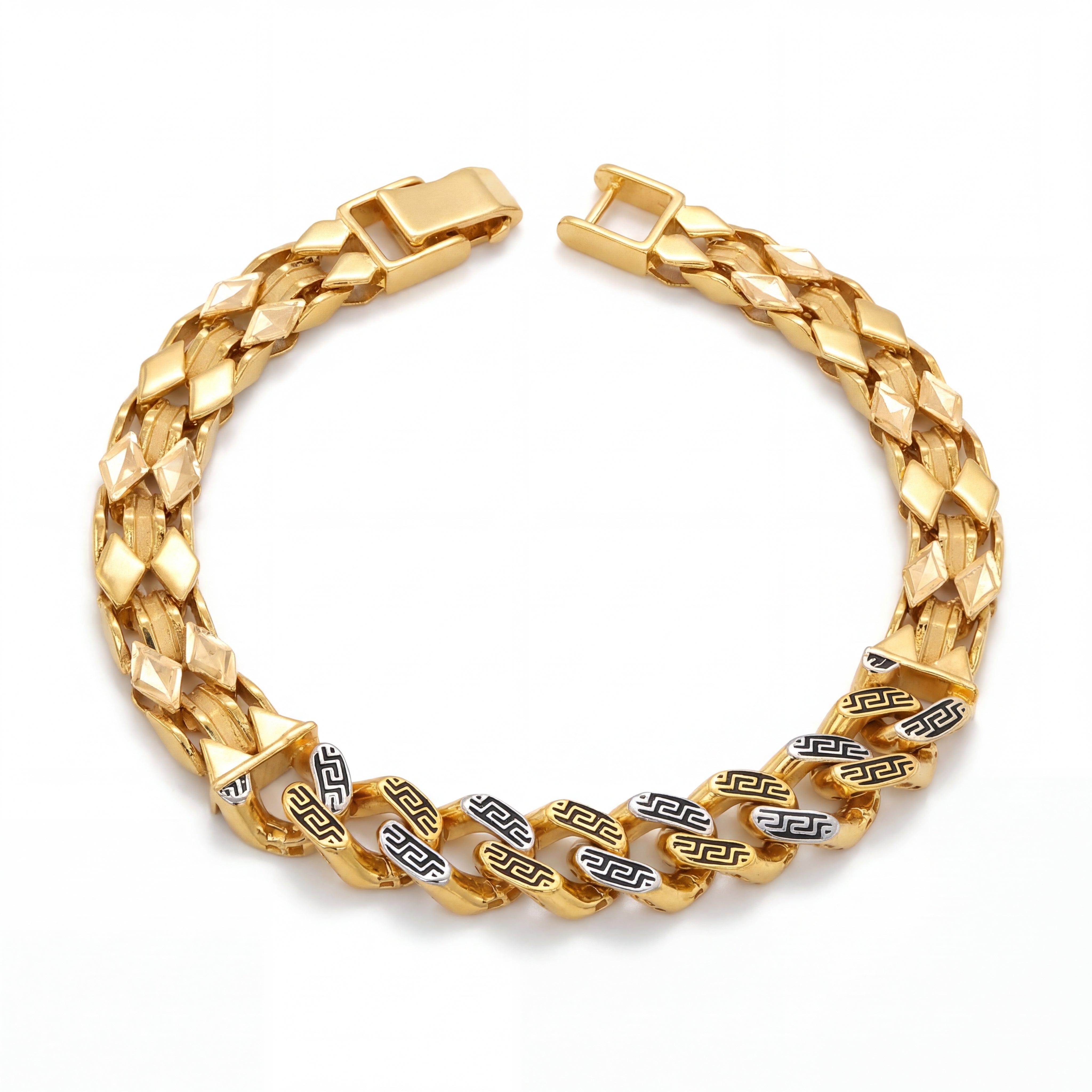 Bold 22KT gold bracelet featuring diamond-cut links with Greek key pattern accents in dual tone finish on a white background.