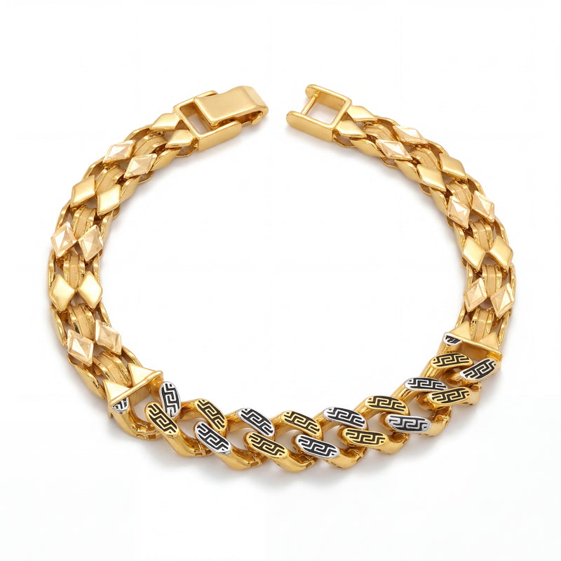 Bold 22KT gold bracelet featuring diamond-cut links with Greek key pattern accents in dual tone finish on a white background.