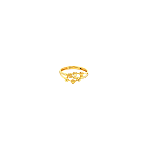 Elegant 22KT yellow gold ring featuring a double band design with polished heart motifs and sleek open style on a white background.