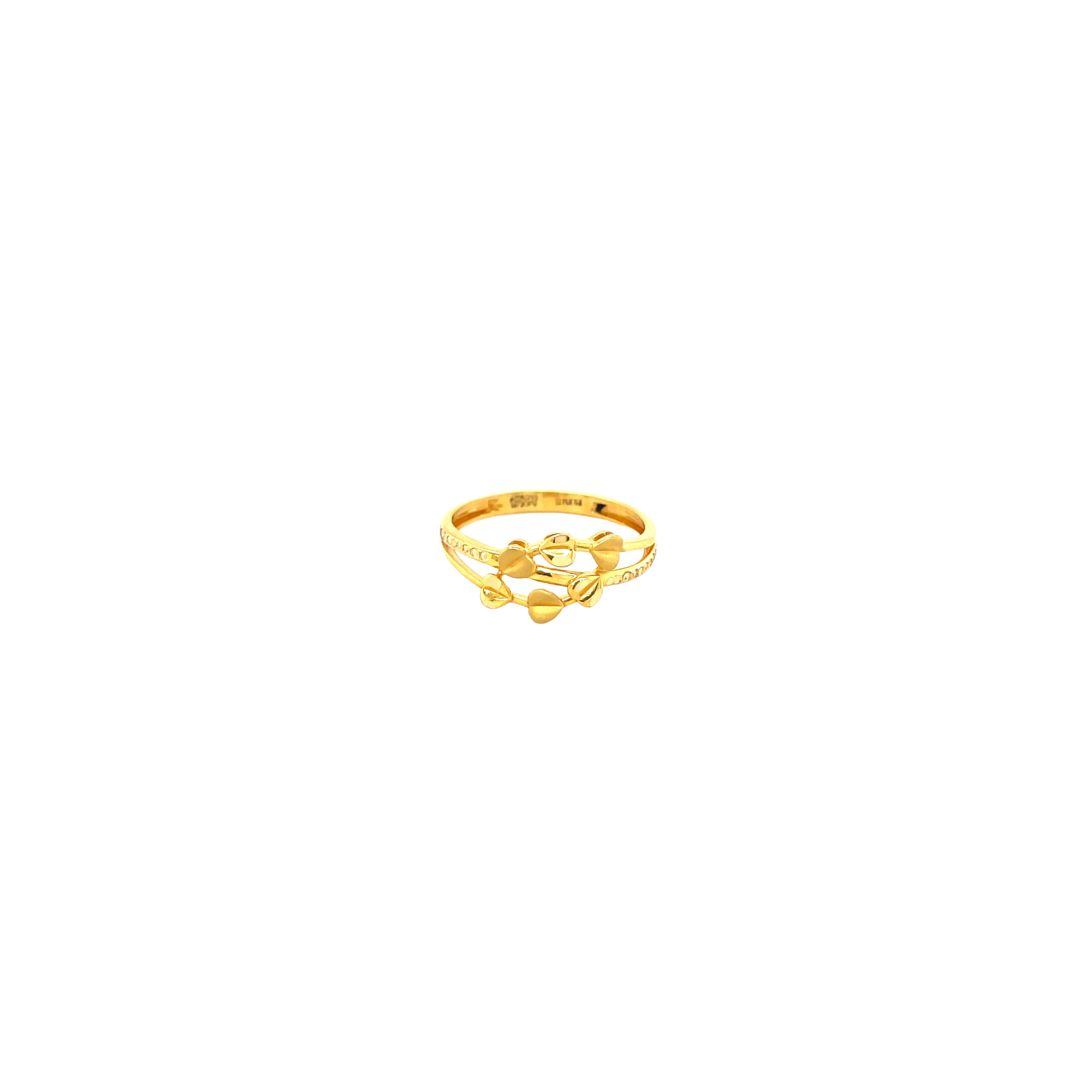 Elegant 22KT yellow gold ring featuring a double band design with polished heart motifs and sleek open style on a white background.