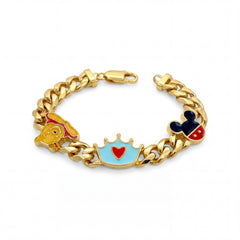 Adorable 22KT yellow gold bracelet featuring chunky chain links with colorful enamel cartoon character, crown, and mouse-inspired charms on a white background.