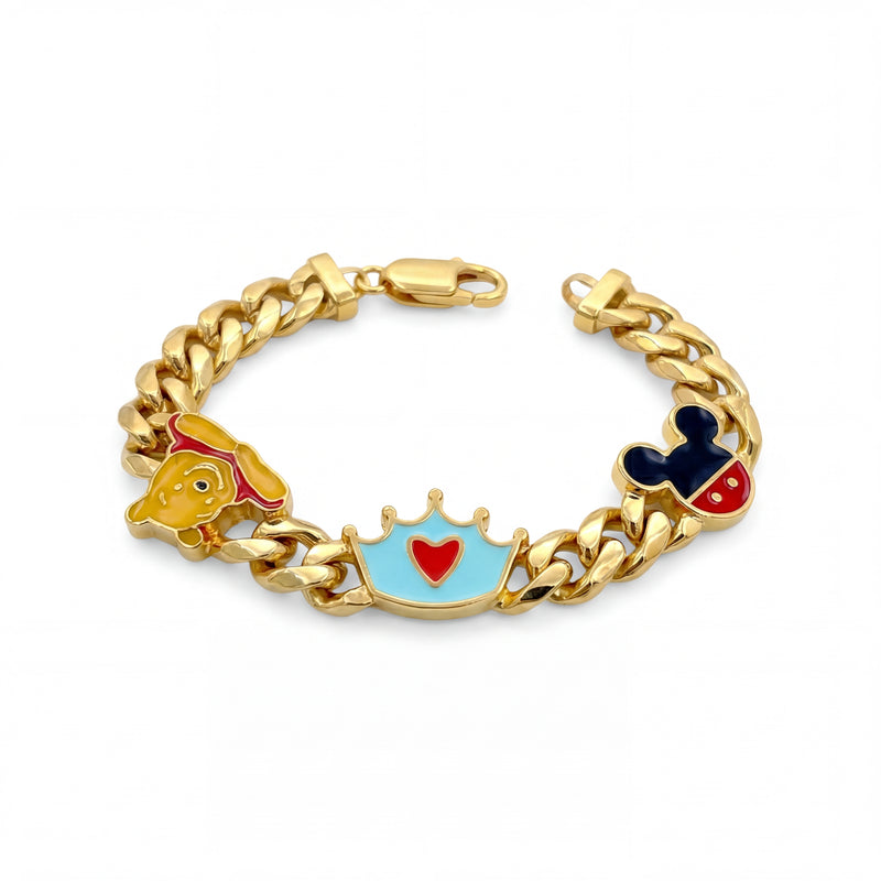 Adorable 22KT yellow gold bracelet featuring chunky chain links with colorful enamel cartoon character, crown, and mouse-inspired charms on a white background.