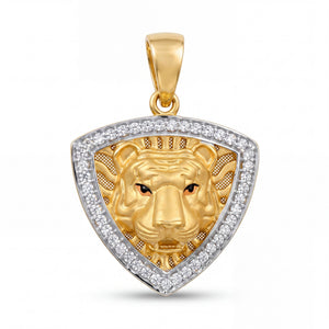 Bold 22KT yellow gold pendant featuring a lion face motif inside a shield-shaped frame with sparkling diamond border on a white background.